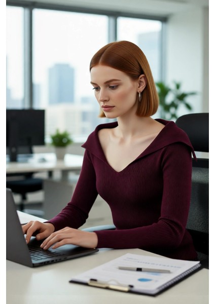 Kadın Modern Fitted Triko Bluz Devrik Carmen Yaka Ince Fitilli Dokuma Uzun Kol Crop Tasarım