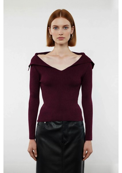 Kadın Modern Fitted Triko Bluz Devrik Carmen Yaka Ince Fitilli Dokuma Uzun Kol Crop Tasarım fiyatları