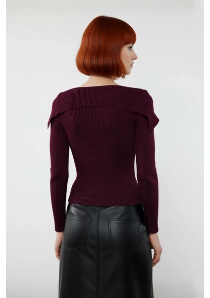 Kadın Modern Fitted Triko Bluz Devrik Carmen Yaka Ince Fitilli Dokuma Uzun Kol Crop Tasarım modelleri