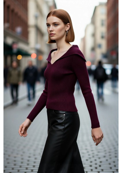 Kadın Modern Fitted Triko Bluz Devrik Carmen Yaka Ince Fitilli Dokuma Uzun Kol Crop Tasarım fırsatları