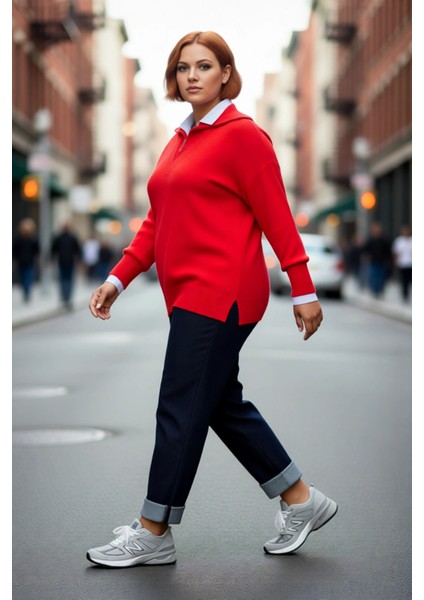 Kadın Kırmızı Regular Kalıp Devrik Yaka Fermuarlı Triko Kazak Düşük Kol ve Düz Desenli Kışlık Şıklık