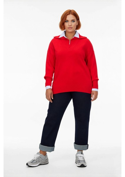 Kadın Kırmızı Regular Kalıp Devrik Yaka Fermuarlı Triko Kazak Düşük Kol ve Düz Desenli Kışlık Şıklık fiyatları