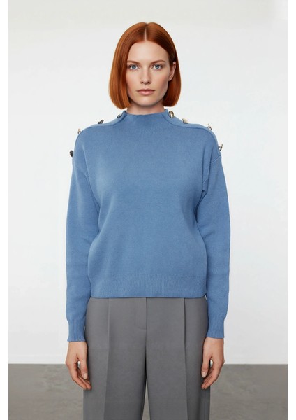 Kadın Mavi Regular Kesim Düğmeli Triko Kazak Uzun Kollu Soğuk Günler Için Ideal Seçim Kaliteli