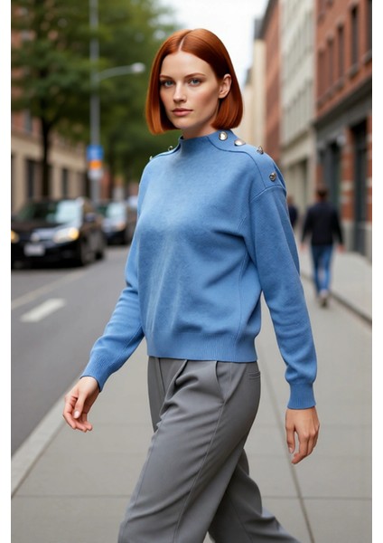 Kadın Mavi Regular Kesim Düğmeli Triko Kazak Uzun Kollu Soğuk Günler Için Ideal Seçim Kaliteli modelleri