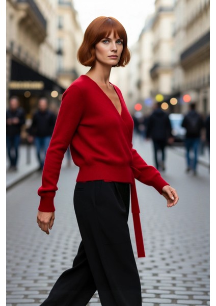 Kadın Düz Desen Kruvaze Triko Kazak Regular Kalıp Standart Kol Kış Sezonu Için Ideal Günlük Şıklık fırsatları