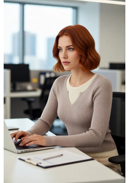 Kadın Bisiklet Yaka Iç Içe Görünümlü Fitted Triko Bluz Uzun Kollu Gündelik Şıklık Için Ideal Seçim