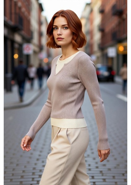 Kadın Bisiklet Yaka Iç Içe Görünümlü Fitted Triko Bluz Uzun Kollu Gündelik Şıklık Için Ideal Seçim fırsatları