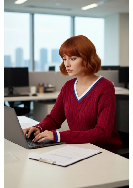 Kadın Şık V Yaka Kolej Temalı Triko Kazak Regular Kalıp Rahat Kullanım Orta Kalınlık Gündelik