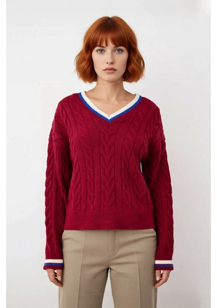 Kadın Şık V Yaka Kolej Temalı Triko Kazak Regular Kalıp Rahat Kullanım Orta Kalınlık Gündelik fiyatları