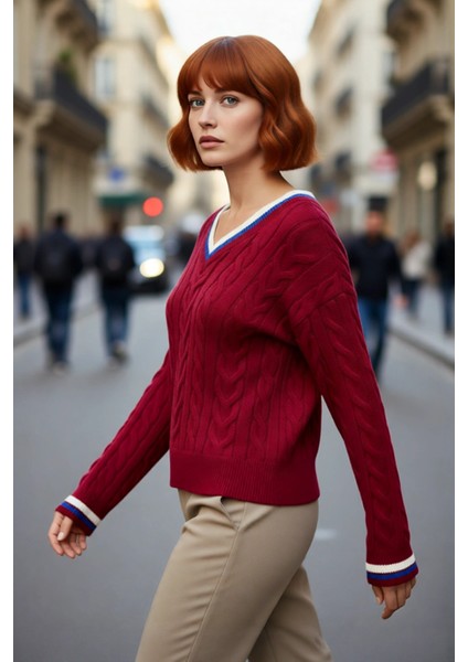 Kadın Şık V Yaka Kolej Temalı Triko Kazak Regular Kalıp Rahat Kullanım Orta Kalınlık Gündelik fırsatları