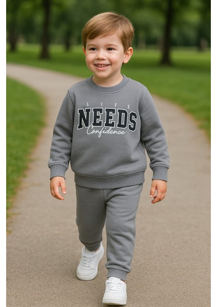Erkek Çocuk Kışlık Eşofman Takımı Life Needs Confidence Yazılı Pamuklu Üç Iplik Şardonlu Günlük Kombin 2-3-4-5-6 Yaş fiyatları