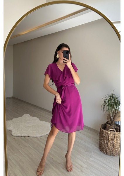 Kadın V Yaka Kuşaklı Mini Şifon Elbise NM007 fiyatları