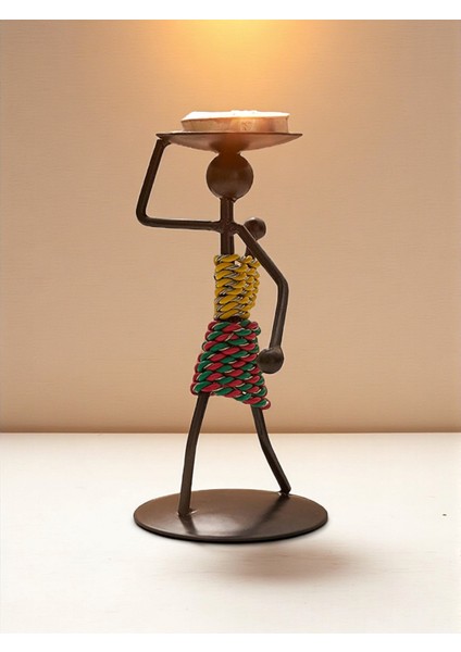 Retro Afrika Temalı Demir Mumluk / Şamdan Tutucu - Masaüstü Dekor (Yükseklik 13 Cm)