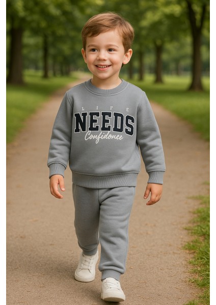 Erkek Çocuk Kışlık Eşofman Takımı Life Needs Confidence Yazılı Pamuklu Üç Iplik Şardonlu Günlük Kombin 2-3-4-5-6 Yaş modelleri