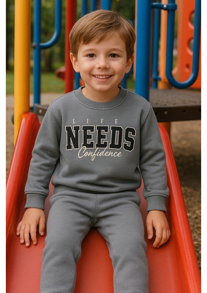 Erkek Çocuk Kışlık Eşofman Takımı Life Needs Confidence Yazılı Pamuklu Üç Iplik Şardonlu Günlük Kombin 2-3-4-5-6 Yaş fırsatları