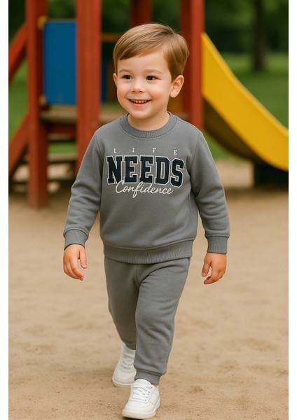 Erkek Çocuk Kışlık Eşofman Takımı Life Needs Confidence Yazılı Pamuklu Üç Iplik Şardonlu Günlük Kombin 2-3-4-5-6 Yaş indirimleri