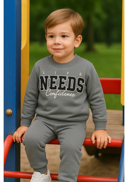 Erkek Çocuk Kışlık Eşofman Takımı Life Needs Confidence Yazılı Pamuklu Üç Iplik Şardonlu Günlük Kombin 2-3-4-5-6 Yaş