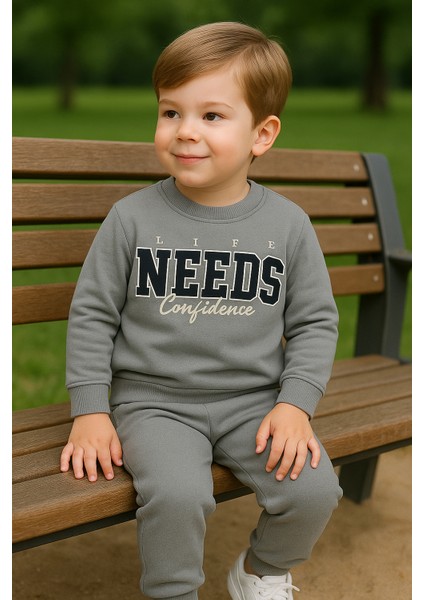 Erkek Çocuk Kışlık Eşofman Takımı Life Needs Confidence Yazılı Pamuklu Üç Iplik Şardonlu Günlük Kombin 2-3-4-5-6 Yaş
