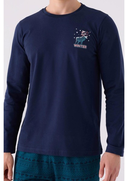 3135 Erkek Lacıvert Uzun Kollu Kış Temalı Pijama Takımı fırsatları