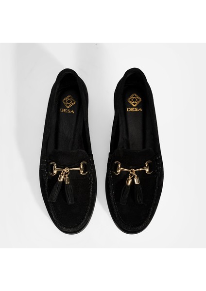 Kadın Siyah Püskül Aksesuarlı Süet Loafer