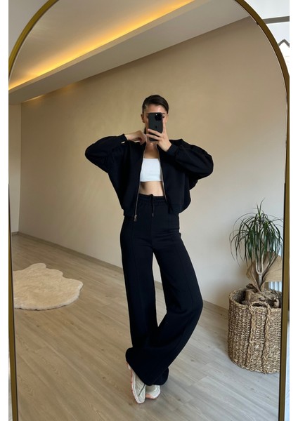 Kadın Fermuarlı Oversize Sweat ve Yüksek Bel Eşofman Takımı NM018
