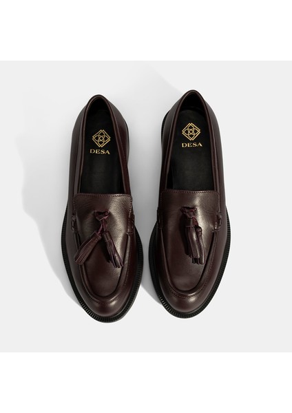 Kadın Bordo Püskül Detaylı Deri Loafer