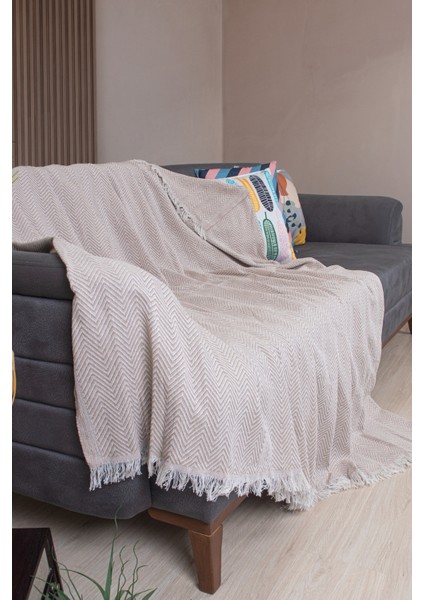 Pamuklu Zikzak Desenli Püsküllü Koltuk Örtüsü 170X210 cm | Dekoratif ve Çok Amaçlı