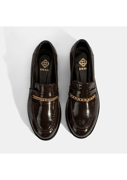 Kadın Kahve Zincir Aksesuarlı Deri Loafer