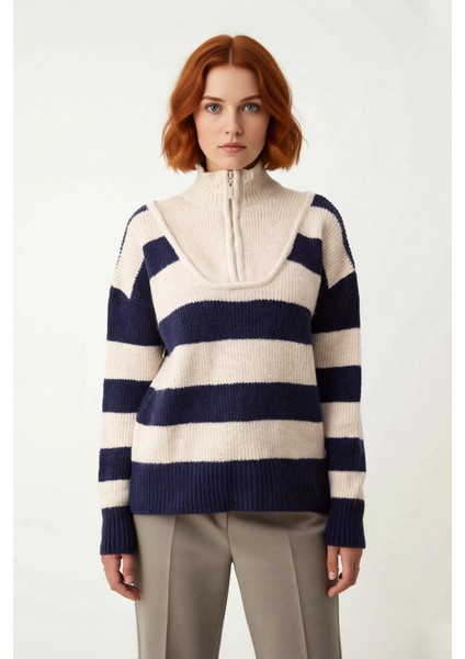 Kadın Şık Oversize Kalın Triko Kazak Selanik Dokuma Çizgili Dik Yaka Düşük Kol Kış Stili Kaliteli fiyatları