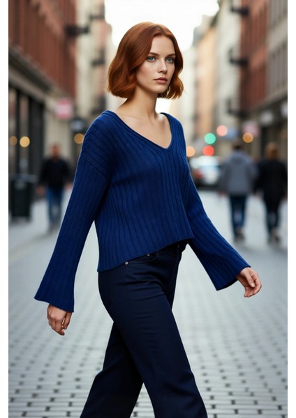 Kadın Geniş Kalıp V Yaka Yünlü Triko Kazak Basic Fitilli Uzun Kollu Günlük Şıklık Için Ideal Seçim