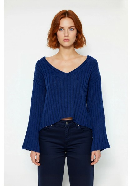 Kadın Geniş Kalıp V Yaka Yünlü Triko Kazak Basic Fitilli Uzun Kollu Günlük Şıklık Için Ideal Seçim fiyatları