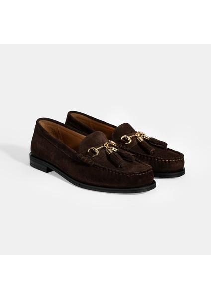 Kadın Kahve Püskül Aksesuarlı Süet Loafer