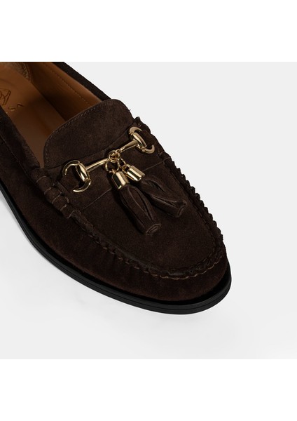 Kadın Kahve Püskül Aksesuarlı Süet Loafer