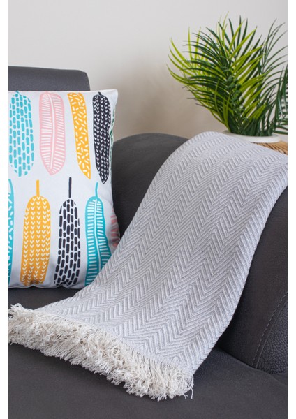 Pamuklu Zikzak Desenli Püsküllü Koltuk Örtüsü 170X210 cm | Dekoratif ve Çok Amaçlı