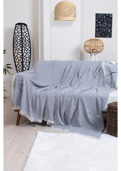 Pamuklu Zikzak Desenli Püsküllü Koltuk Örtüsü 170X210 cm | Dekoratif ve Çok Amaçlı