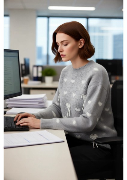 Kadın Oversize Triko Kazak Düşük Kol Bisiklet Yaka Kalp Desenli Soğuk Havalar Için Ideal Şıklık modelleri