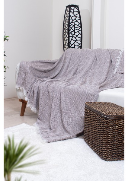 Pamuklu Zikzak Desenli Püsküllü Koltuk Örtüsü 170X210 cm | Dekoratif ve Çok Amaçlı
