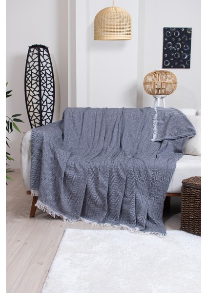 Pamuklu Zikzak Desenli Püsküllü Koltuk Örtüsü 170X210 cm | Dekoratif ve Çok Amaçlı