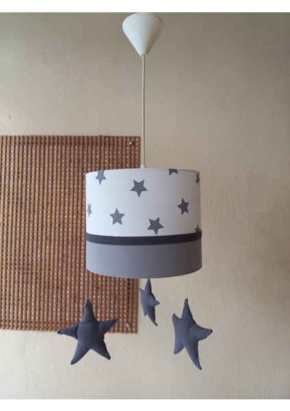 M-383 Beyaz Yıldızlı Gri Kumaş Kaplama Çocuk Odası ve Genç Odası Avize Aydınlatma Sarkıt