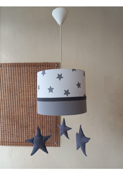 M-383 Beyaz Yıldızlı Gri Kumaş Kaplama Çocuk Odası ve Genç Odası Avize Aydınlatma Sarkıt fiyatları