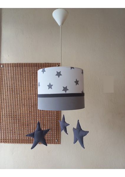 M-383 Beyaz Yıldızlı Gri Kumaş Kaplama Çocuk Odası ve Genç Odası Avize Aydınlatma Sarkıt modelleri