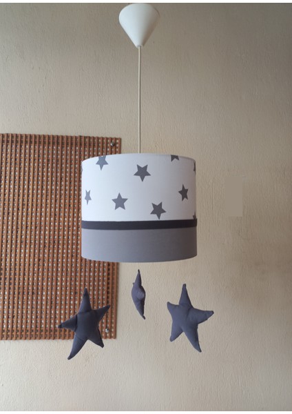 M-383 Beyaz Yıldızlı Gri Kumaş Kaplama Çocuk Odası ve Genç Odası Avize Aydınlatma Sarkıt fırsatları