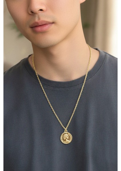 ERKEK GOLD KAPLAMA ANTİK PARA KOLYE 65 CM PMEKL25502