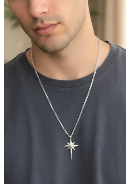 ERKEK GÜMÜŞ KAPLAMA KUTUP YILDIZI KOLYE 65 CM PMEKL25501