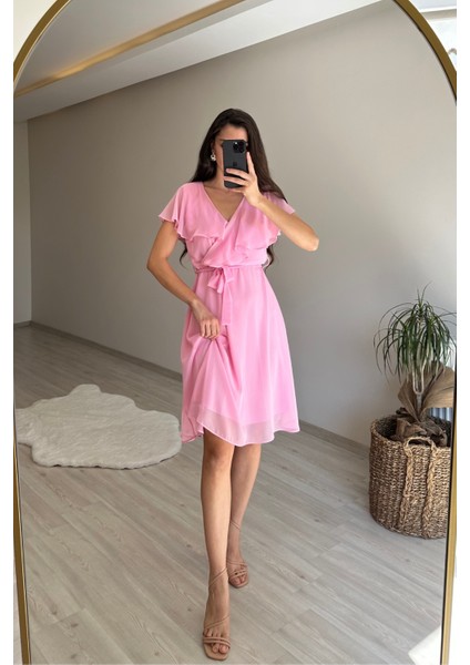 Kadın V Yaka Kuşaklı Mini Şifon Elbise NM007