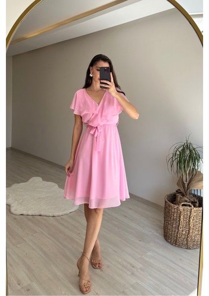 Kadın V Yaka Kuşaklı Mini Şifon Elbise NM007 fiyatları