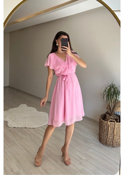 Kadın V Yaka Kuşaklı Mini Şifon Elbise NM007 modelleri
