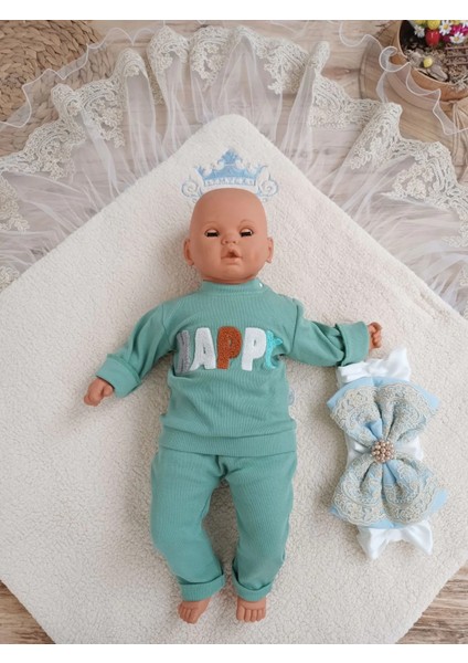 Yenidoğan Kuzulu Taç Nakış Güpürlü Fiyonklu Duvaklı Prizma Taş Unisex Kundak Bebek Battaniyesi Mavi modelleri