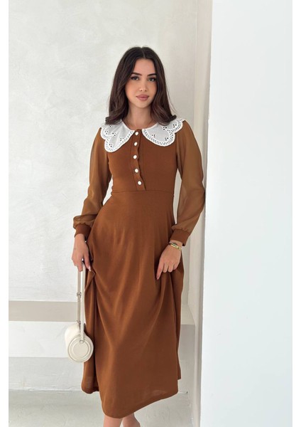 Kadın Yaka Dantel Detaylı Düğmeli Elbise NBK4301