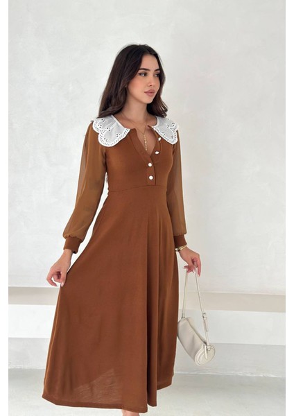 Kadın Yaka Dantel Detaylı Düğmeli Elbise NBK4301 modelleri